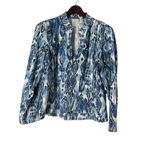 Chico's Jackets & Blazers - Chico's L Blue Ikat Print Zip Front Linen Cotton Blend Jacket Women's Size 2